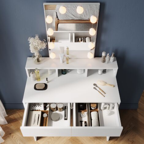 ELEGANT Modern Dressing Table Makeup Vanity Table with Brightness Mirror, 2 Drawers and Open shelves for Bedroom, Dresser Single Table + 3-color LED Light