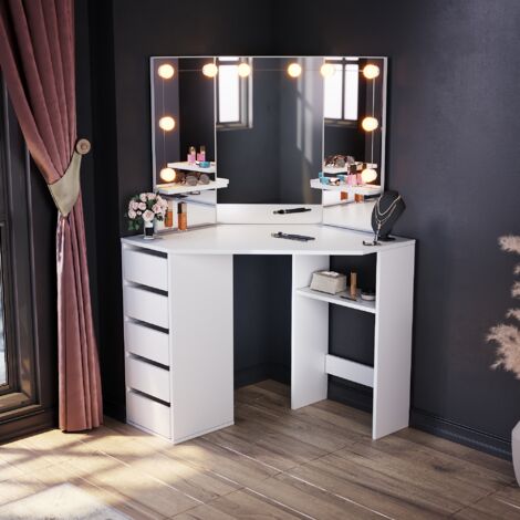 ELEGANT Bedroom Furniture Corner Dressing Table Makeup Desk with 3 Large Mirrors 5 Drawers, White Dresser Single Table + LED Mirror Lights