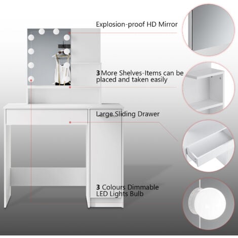 Elegant White Dressing Table with HD Mirror, Drawer Storage Cabinet, Bedroom Vanity, Dresser Single Table + 3-color LED Light