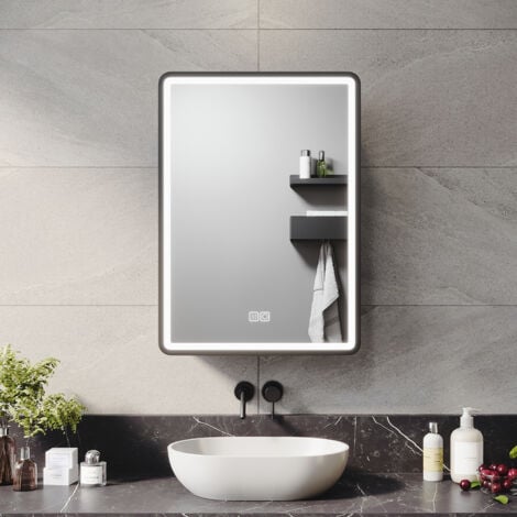 ELEGANT Bathroom LED Mirror with Shaver Socket Demister 3 Lighting Modes Bathroom Mirror Cabinet, 500x700mm Black