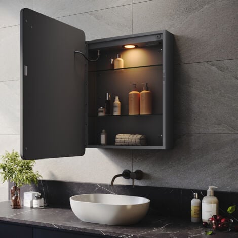 ELEGANT Bathroom LED Mirror with Shaver Socket Demister 3 Lighting Modes Bathroom Mirror Cabinet, 500x700mm Black