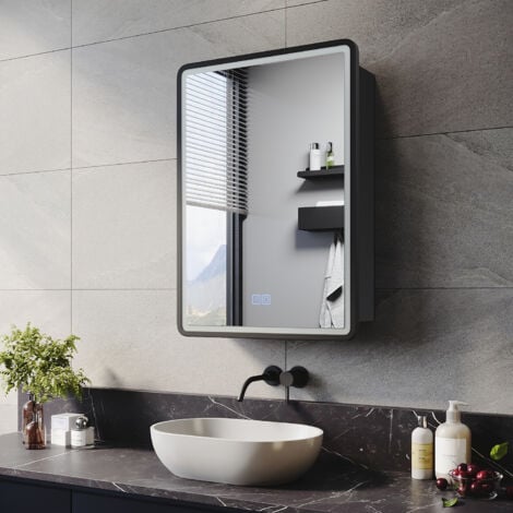 ELEGANT Bathroom LED Mirror with Shaver Socket Demister 3 Lighting Modes Bathroom Mirror Cabinet, 500x700mm Black