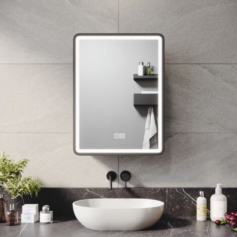 ELEGANT Bathroom LED Mirror with Shaver Socket Demister 3 Lighting Modes Bathroom Mirror Cabinet, 450x600mm Black