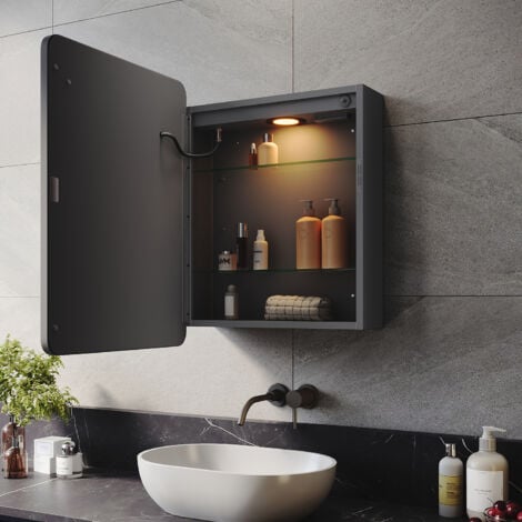 ELEGANT Bathroom LED Mirror with Shaver Socket Demister 3 Lighting Modes Bathroom Mirror Cabinet, 450x600mm Black