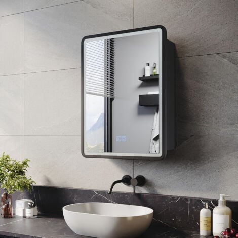 ELEGANT Bathroom LED Mirror with Shaver Socket Demister 3 Lighting Modes Bathroom Mirror Cabinet, 450x600mm Black