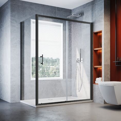ELEGANT Black Frame Side Panel For Shower Enclosure 6mm Tempered Glass Aluminum Frame 900 x 1850mm