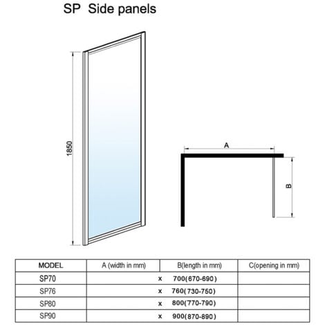 ELEGANT Black Frame Side Panel For Shower Enclosure 6mm Tempered Glass Aluminum Frame 900 x 1850mm
