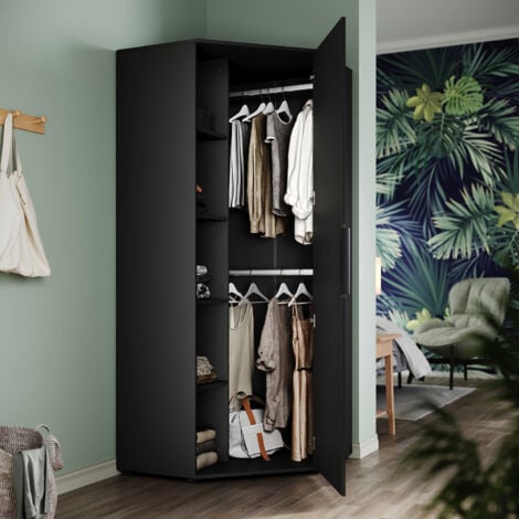 ELEGANT Corner Large Mirrored Wardrobe with 2 Hanging Rails and 5 Storage Shelves, Modern Black High Gloss & Matt Bedroom Closet Storage, Space Saving Design