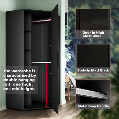 ELEGANT Corner Large Mirrored Wardrobe with 2 Hanging Rails and 5 Storage Shelves, Modern Black High Gloss & Matt Bedroom Closet Storage, Space Saving Design