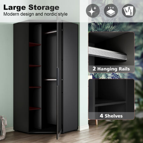 ELEGANT Corner Large Mirrored Wardrobe with 2 Hanging Rails and 5 Storage Shelves, Modern Black High Gloss & Matt Bedroom Closet Storage, Space Saving Design