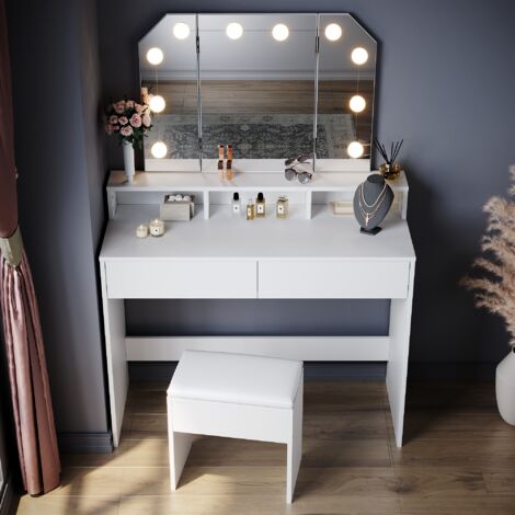 ELEGANT White Dressing Table with Foldable Mirror Makeup Desk with 2 Drawer Open Shelves (Dresser Set with Stool + 3color LED light)