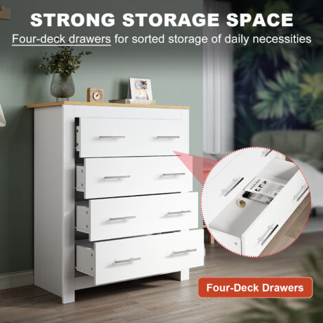 ELEGANT Chest of Drawers Bedroom Furniture Bedside Cabinet 4-Deck Drawers,White/Oak (Metal Drawer Glides & Handles)