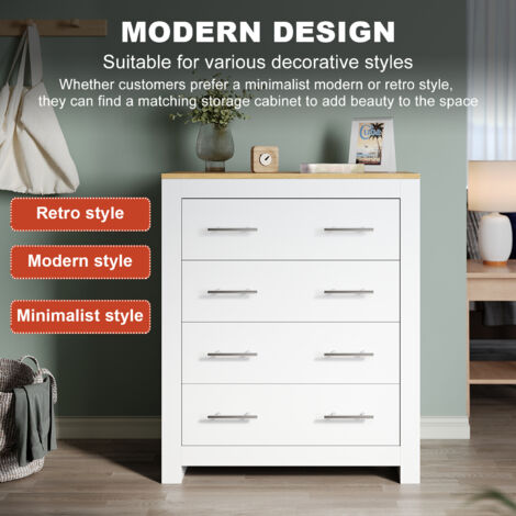 ELEGANT Chest of Drawers Bedroom Furniture Bedside Cabinet 4-Deck Drawers,White/Oak (Metal Drawer Glides & Handles)