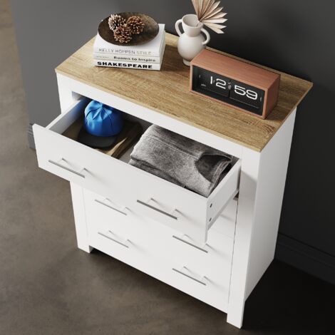 ELEGANT Chest of Drawers Bedroom Furniture Bedside Cabinet 4-Deck Drawers,White/Oak (Metal Drawer Glides & Handles)
