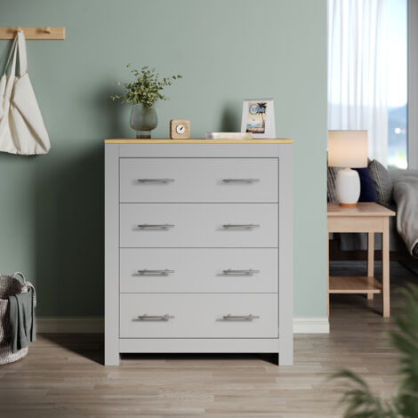 ELEGANT Chest of Drawers Bedroom Furniture Bedside Cabinet 4-Deck Drawers,Grey/Oak (Metal Drawer Glides & Handles)