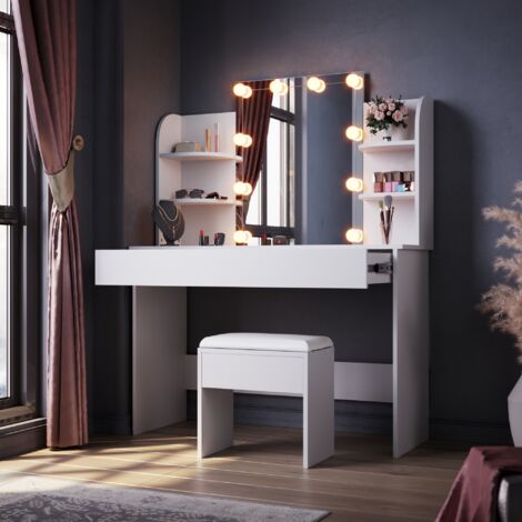 ELEGANT Dressing Table with LED Lights, Vanity Desk with Mirror Drawer Adjustable Light Strip White 108x40x140cm with Stool