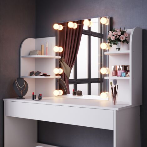 ELEGANT Dressing Table with LED Lights, Vanity Desk with Mirror Drawer Adjustable Light Strip White 108x40x140cm with Stool