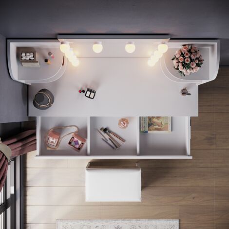 ELEGANT Dressing Table with LED Lights, Vanity Desk with Mirror Drawer Adjustable Light Strip White 108x40x140cm with Stool