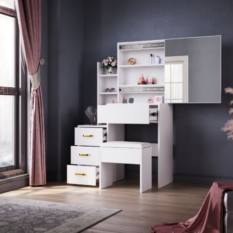 ELEGANT Dressing Table Sliding Mirror 4 Drawers Concealed Storage Space Design White Vanity Makeup Table Set with Stool