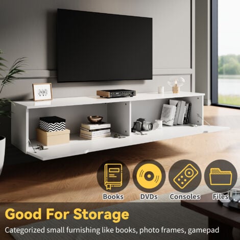 ELEGANT High Gloss TV Stand Cabinet with LED Light Handle-Free Design White 160cm TV Cabinet Wall Mounted/Floor Mounted
