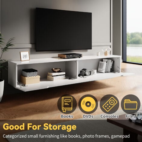 ELEGANT High Gloss TV Stand Cabinet with LED Light Handle-Free Design White 180cm TV Cabinet Wall Mounted/Floor Mounted