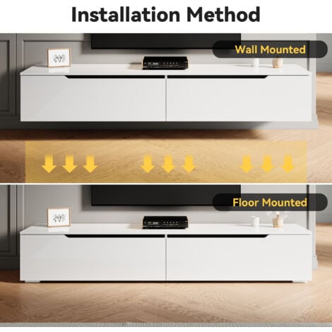 ELEGANT High Gloss TV Stand Cabinet with LED Light Handle-Free Design White 180cm TV Cabinet Wall Mounted/Floor Mounted
