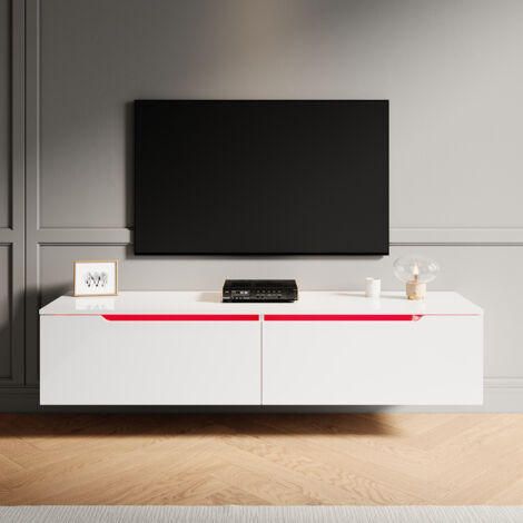 ELEGANT High Gloss TV Stand Cabinet with LED Light Handle-Free Design White 140cm TV Cabinet Wall Mounted/Floor Mounted