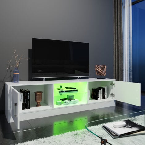 ELEGANT TV Stand Cabinet with RGB LED Light Modern TV Cabinet For Media Storage with Glass Shelf Floor Stand 150cm White
