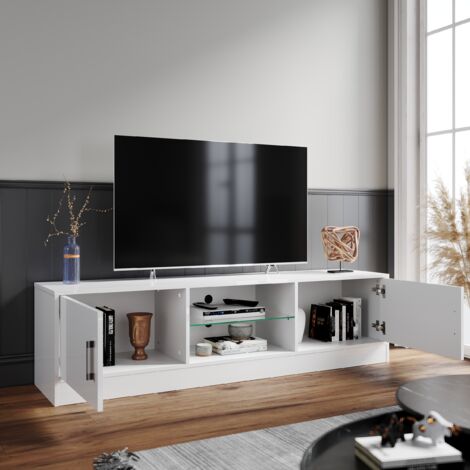 ELEGANT TV Stand Cabinet with RGB LED Light Modern TV Cabinet For Media Storage with Glass Shelf Floor Stand 150cm White