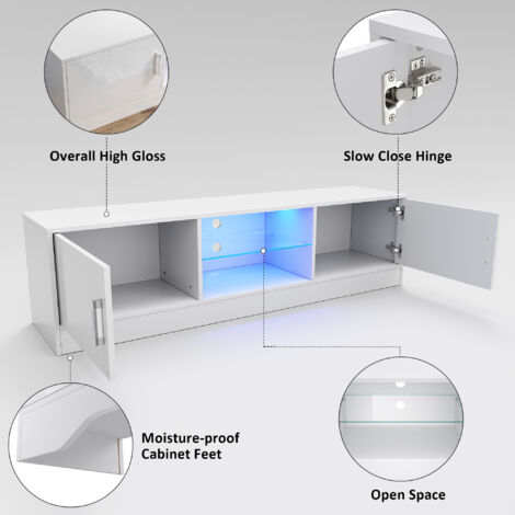 ELEGANT TV Stand Cabinet with RGB LED Light Modern TV Cabinet For Media Storage with Glass Shelf Floor Stand 150cm White