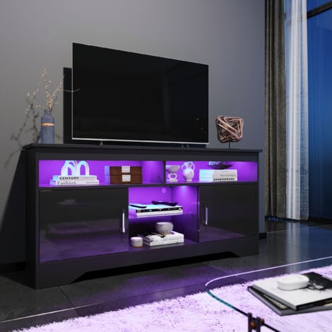 ELEGANT TV Stand 135cm TV Cabinet with LED Light Modern High Gloss Black  TV Unit with Shelves and Cabinets Up to 55 inch TVs