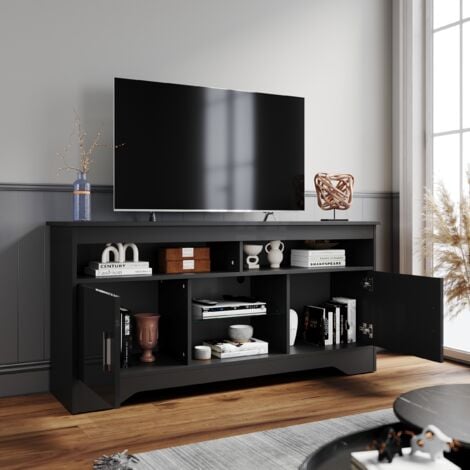 ELEGANT TV Stand 135cm TV Cabinet with LED Light Modern High Gloss Black  TV Unit with Shelves and Cabinets Up to 55 inch TVs