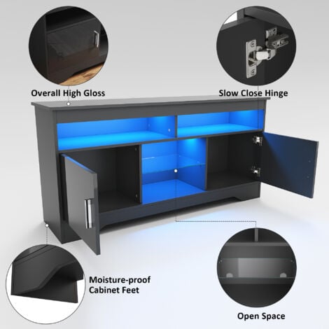 ELEGANT TV Stand 135cm TV Cabinet with LED Light Modern High Gloss Black  TV Unit with Shelves and Cabinets Up to 55 inch TVs