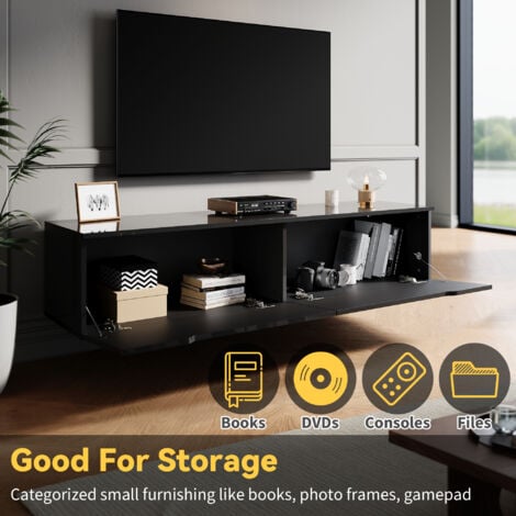 ELEGANT High Gloss TV Stand Cabinet with LED Light Handle-Free Design Black 140cm TV Cabinet Wall Mounted/Floor Mounted