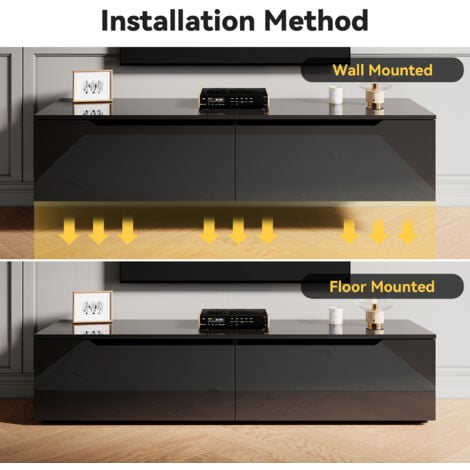 ELEGANT High Gloss TV Stand Cabinet with LED Light Handle-Free Design Black 140cm TV Cabinet Wall Mounted/Floor Mounted