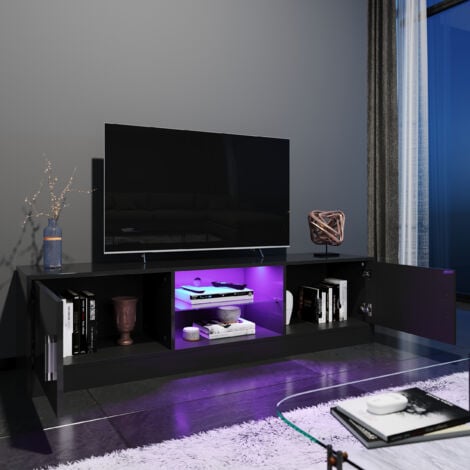 ELEGANT TV Stand Cabinet with RGB LED Light Modern TV Cabinet For Media Storage with Glass Shelf Floor Stand 150cm Black