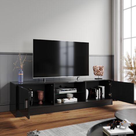 ELEGANT TV Stand Cabinet with RGB LED Light Modern TV Cabinet For Media Storage with Glass Shelf Floor Stand 150cm Black