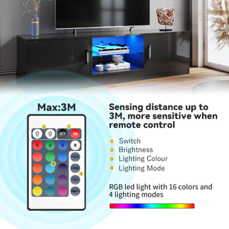 ELEGANT TV Stand Cabinet with RGB LED Light Modern TV Cabinet For Media Storage with Glass Shelf Floor Stand 150cm Black