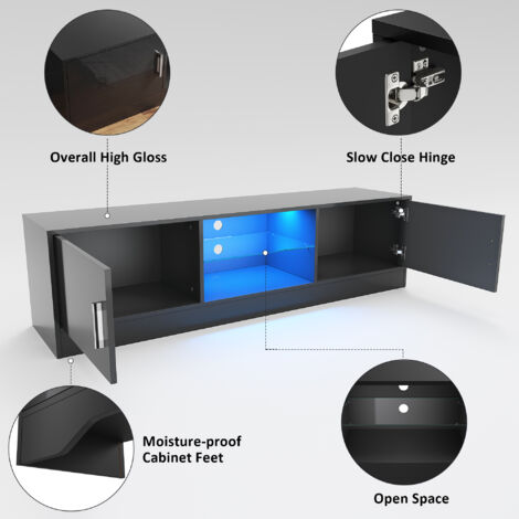 ELEGANT TV Stand Cabinet with RGB LED Light Modern TV Cabinet For Media Storage with Glass Shelf Floor Stand 150cm Black