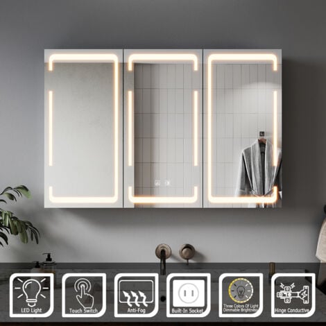 ELEGANT Bathroom LED Mirror with Shaver Socket Demister 3 Lighting Modes Bathroom Mirror Cabinet, Three-Door 900x600mm
