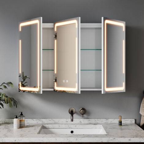 ELEGANT Bathroom LED Mirror with Shaver Socket Demister 3 Lighting Modes Bathroom Mirror Cabinet, Three-Door 900x600mm
