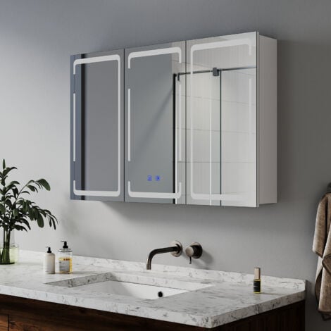 ELEGANT Bathroom LED Mirror with Shaver Socket Demister 3 Lighting Modes Bathroom Mirror Cabinet, Three-Door 900x600mm