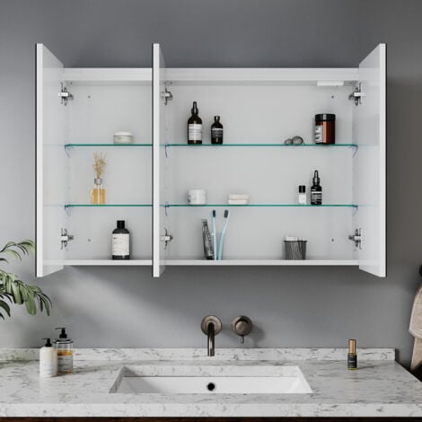 ELEGANT Bathroom LED Mirror with Shaver Socket Demister 3 Lighting Modes Bathroom Mirror Cabinet, Three-Door 900x600mm