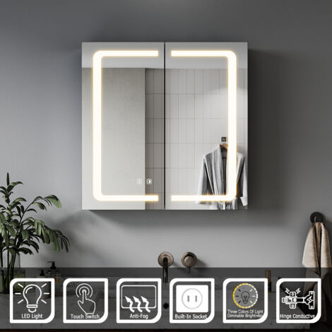 ELEGANT Bathroom Led Mirror Cabinet with Shaver Socket 3 Lighting Modes ...