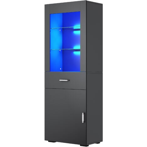 ELEGANT 165cm Display Cabinet Cupboard with Adjustable Glass Shelf RGB LED Light Large Storage Space White High Gloss Fronts