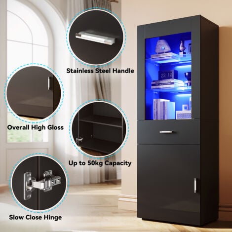 ELEGANT 165cm Display Cabinet Cupboard with Adjustable Glass Shelf RGB LED Light Large Storage Space White High Gloss Fronts