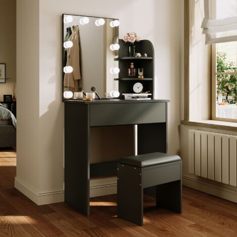 ELEGANT Dressing Table with LED Lights, Vanity Makeup Table Adjustable Brightness with Stool, 70x40x140cm Black