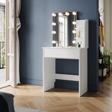 ELEGANT Dressing Table with LED Lights, Vanity Makeup Table Adjustable Brightness, 70x40x140cm White