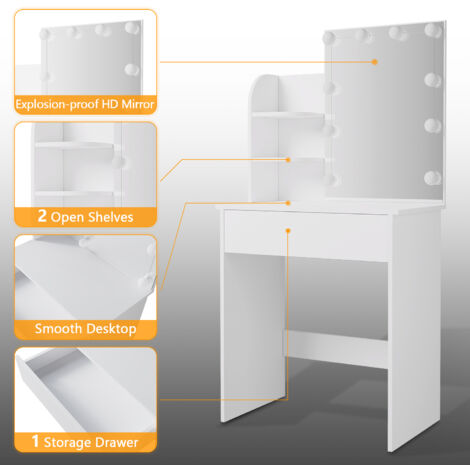 ELEGANT Dressing Table with LED Lights, Vanity Makeup Table Adjustable Brightness, 70x40x140cm White