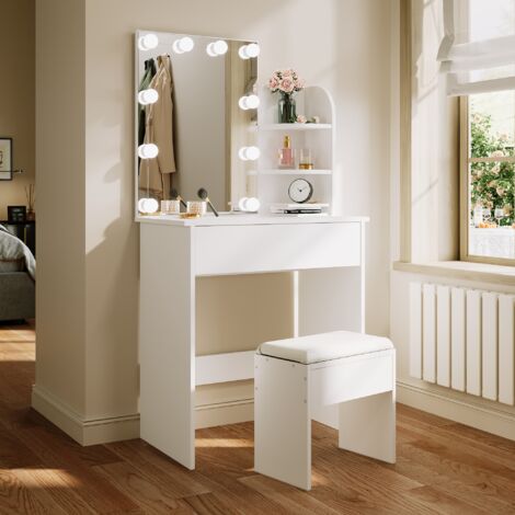 ELEGANT Dressing Table with LED Lights, Vanity Makeup Table Adjustable Brightness with Stool, 70x40x140cm White